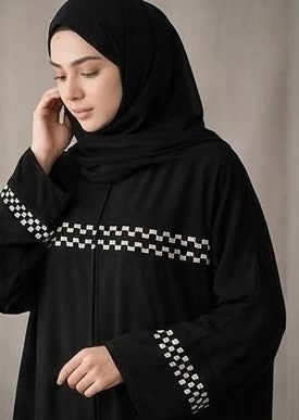 Black Abaya with White Checker Embroidery