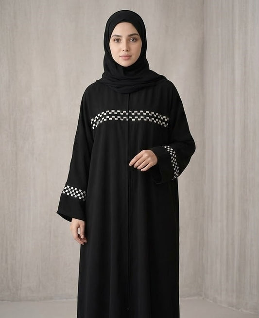 Black Abaya with White Checker Embroidery