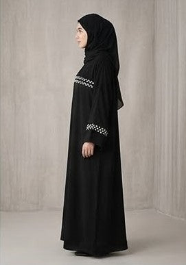 Black Abaya with White Checker Embroidery