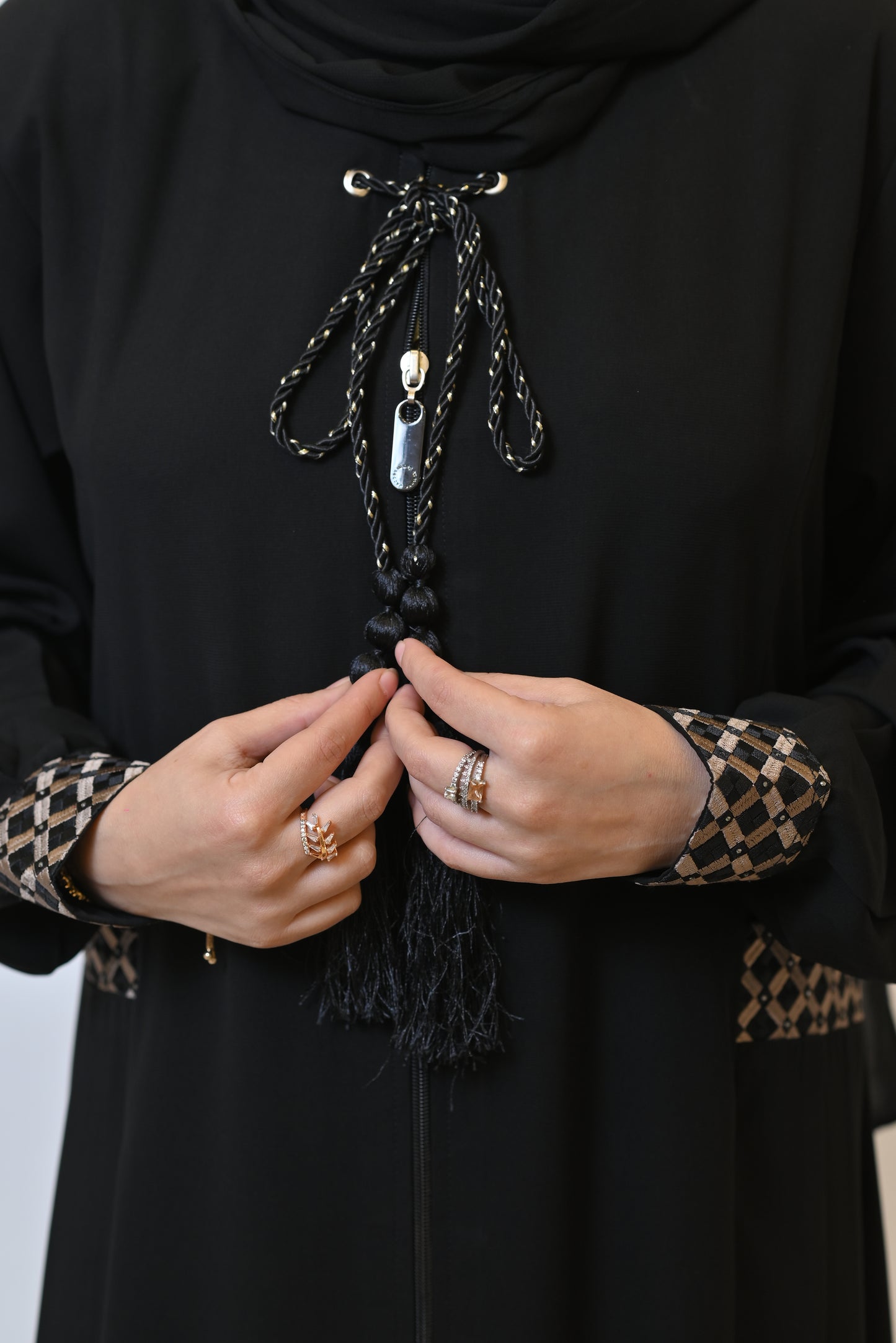 Elegant Black Abaya with Geometric Trim