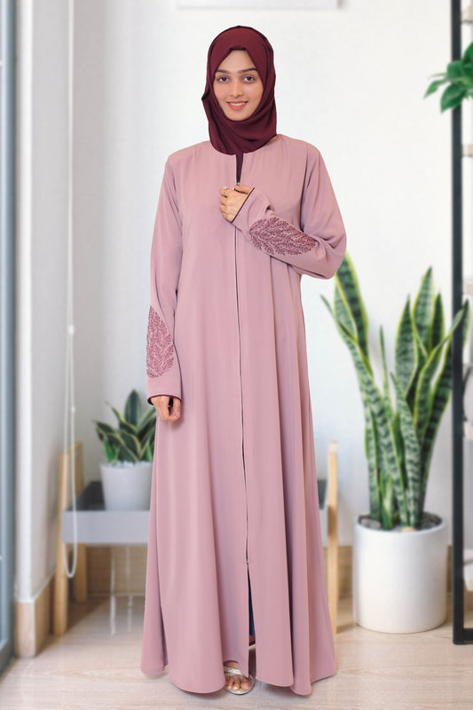 Elegant Mauve Abaya with Embroidered Sleeves