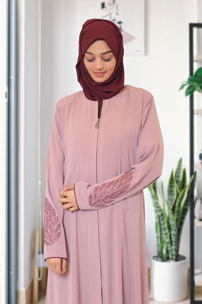 Elegant Mauve Abaya with Embroidered Sleeves