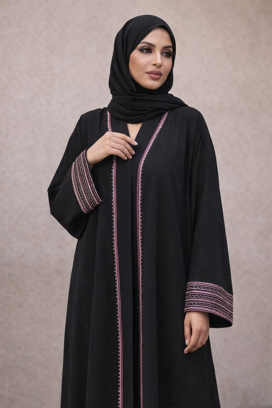 Elegant Mauve Zig-Zag Embroidered Black Abaya