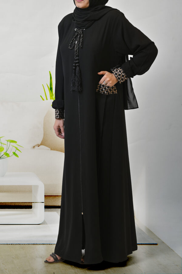 Elegant Black Abaya with Geometric Trim