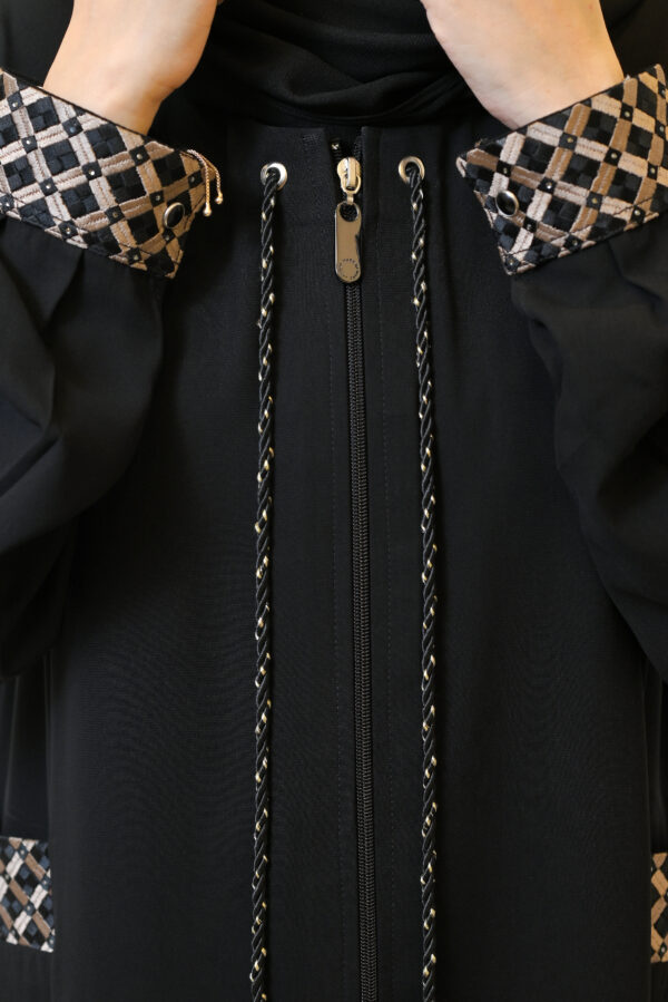 Elegant Black Abaya with Geometric Trim