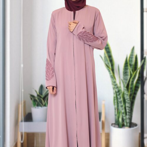 Elegant Mauve Abaya with Embroidered Sleeves